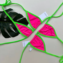 Load image into Gallery viewer, Neon Green Trim Hot Pink Bikini Top_Small Tanning Top_ Fahrenheit Swimwear