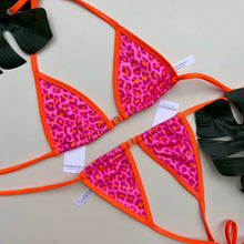 Load image into Gallery viewer, Hot Pink and Orange Hologram Sparkle Leopard Cheetah Spots with Orange Trim Bikini Top _ Fahrenheit Swimwear