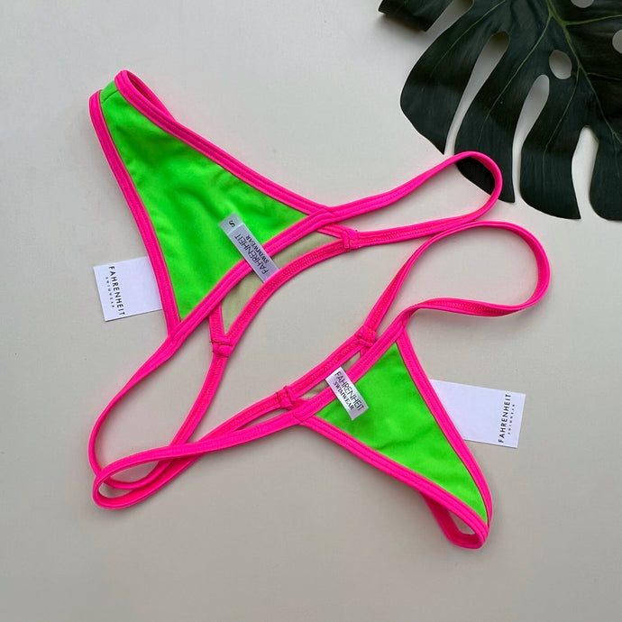 Hot Pink Trim Neon Green Bikini Bottom_SMall Tiny Brazilian Extreme Micro Thong G String Bottom_Fahrenheit Swimwear