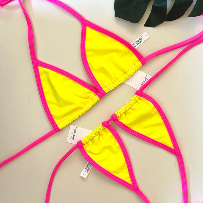 Hot Pink Trim Neon Yellow Bikini Top _ Fahrenheit Swimwear