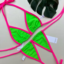 Load image into Gallery viewer, Hot Pink Trim Neon Green Bikini Top_Small Tanning Tiny Brazilian Extreme Micro Thong G String Top _Fahrenheit Swimwear