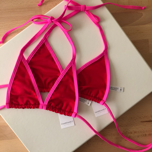 Hot Pink Trim Red Bikini Top - Red and Pink Color Block Bikini  - Fahrenheit Swimwear