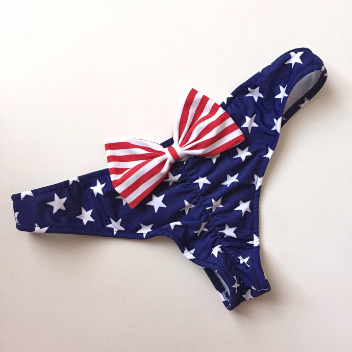 Cheeky Scrunch American Flag Stars and Stripes Bow Bikini Bottom - Made in America - Fahrenheit Swimwear