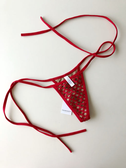 Red Fishnet Nude Lining Tie Sides Bikini Bottom  - Fahrenheit Swimwear