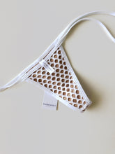 Load image into Gallery viewer, White Fish Net with Nude Lining Tie Sides Bikini Bottom - Fahrenheit Swimwear