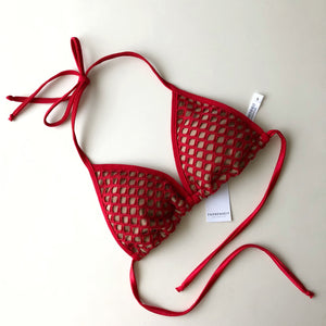 Red Fishnet Nude Lining Triangle Bikini Top - Fahrenheit Swimwear