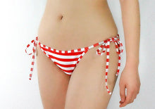 Load image into Gallery viewer, Red and White Stripes Tie Sides Bikini Bottom - Fahrenheit Swimwear