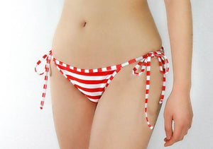 Red and White Stripes Tie Sides Bikini Bottom - Fahrenheit Swimwear