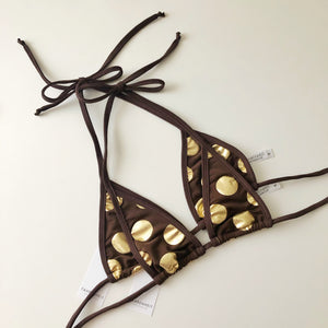 Fahrenheit Swimwear Brown Bikini Top with Gold Foil Large Polka Dots_Extreme Micro Brown Tan Bikini Top _ Micro Gold Bikini Top