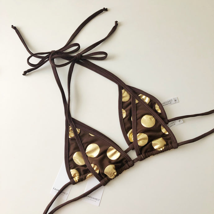 Fahrenheit Swimwear Brown Bikini Top with Gold Foil Large Polka Dots_Extreme Micro Brown Tan Bikini Top _ Micro Gold Bikini Top