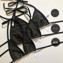 Load image into Gallery viewer, Black Bikini Top with Gold Sparkle Foil Stripes - Fahrenheit Swimwear
