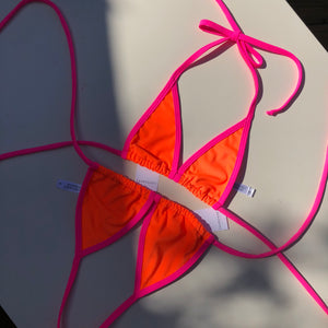 Hot Pink Trim Orange Bikini Top  - Fahrenheit Swimwear