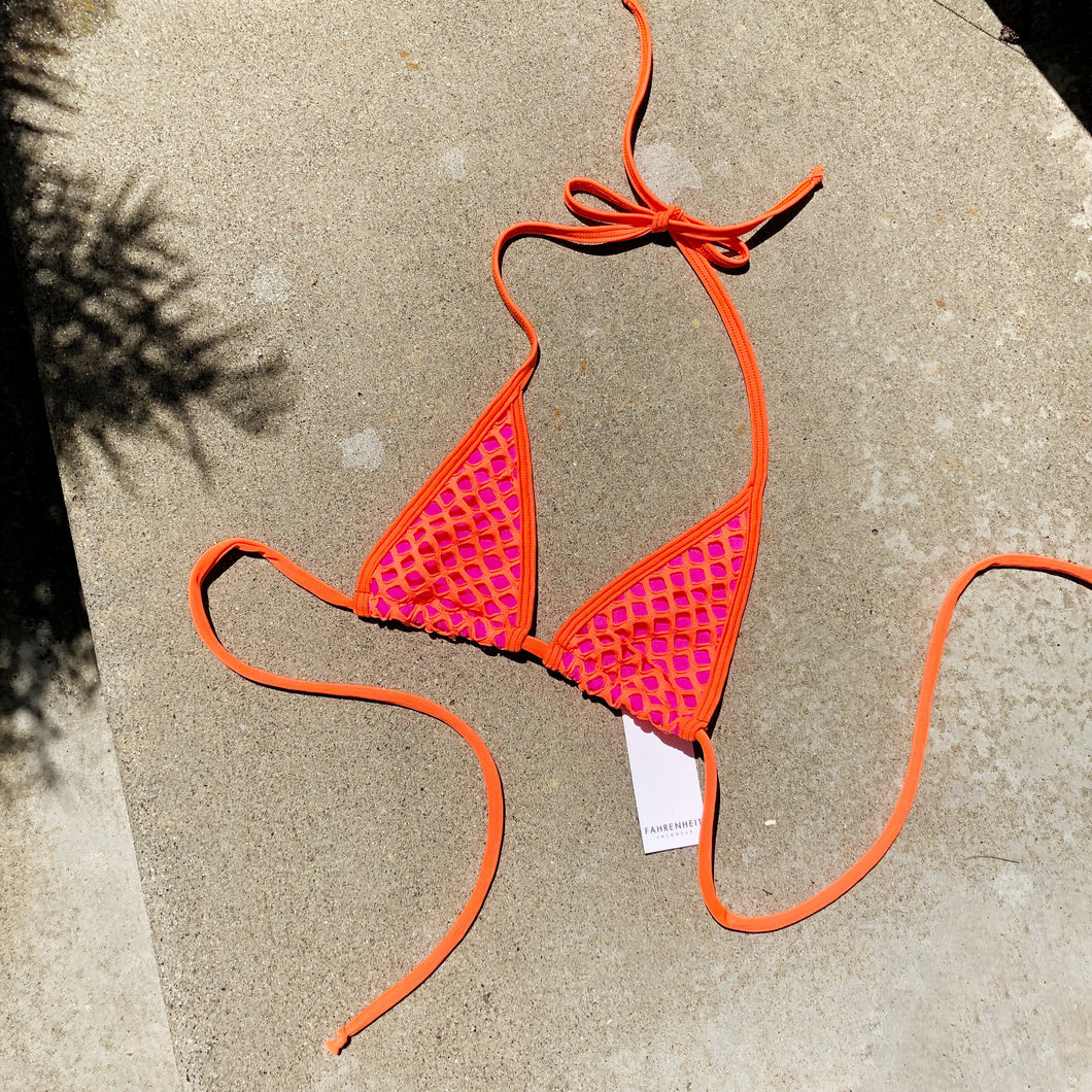 Orange Fishnet Bikini on Pink - Orange and Pink Extreme Micro Bikini Top - Fahrenheit Swimwear