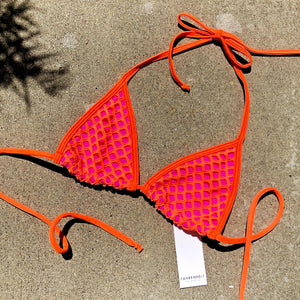 Orange Fishnet Hot Pink Colorblock Triangle Bikini Top - Fahrenheit Swimwear