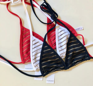 Red Stripes, White Stripes, Black Stripes Bikini Top - Sheer Bikini Top - Fahrenheit Swimwear
