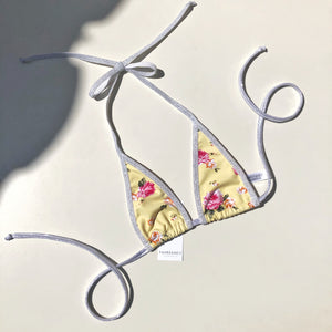 Yellow Spring Florals Extreme Micro Triangle Bikini Top with Silver Elastic Trim - Fahrenheit Swimwear