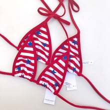 Load image into Gallery viewer, red White and Blue Bikini Top - Red and White Stripes with Blue Stars - American Flag Top - fahrenheit Swimwear