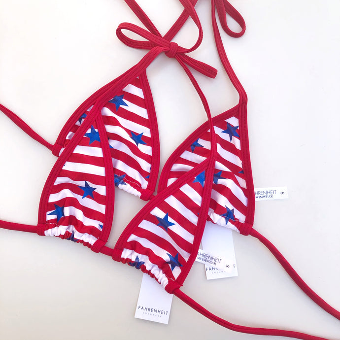 red White and Blue Bikini Top - Red and White Stripes with Blue Stars - American Flag Top - fahrenheit Swimwear
